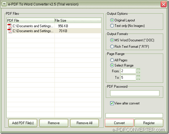 convert PDF to DOC and specify PDF page in e-PDF To Word Converter
