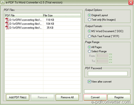 Interface of PDF to Word Converter for conversions of PDF to DOC and PDF to RTF