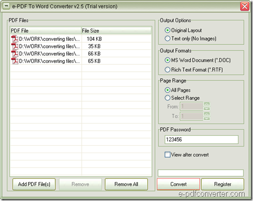 Interface of PDF to Word Converter  for converting user password protected PDF to Word singly or in batches