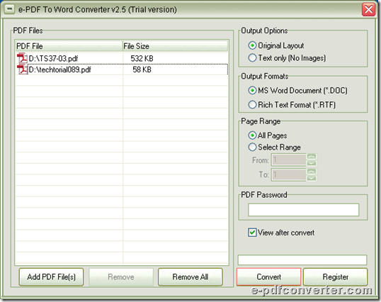 GUI interface of e-PDF to Word Converter for you to convert PDF to Word