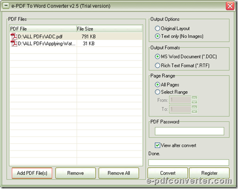GUI interface of e-PDF to Word Converter 