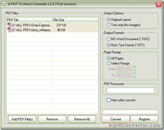 GUI interface of e-PDF to Word Converter