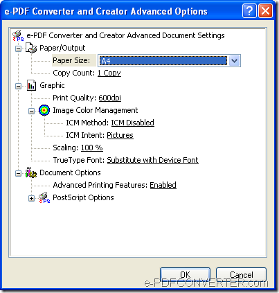 set advanced settings to create PDF