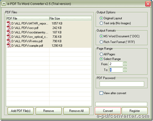 Interface of e-PDF to Word Converter
