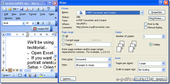 Open Word and Print panel for Word to PDFconversion with e-PDF Converter and Creator Printer