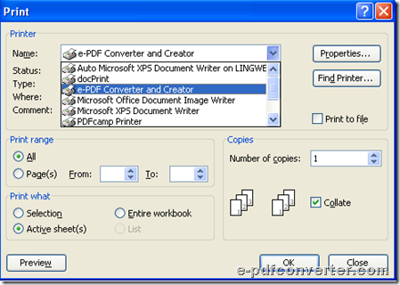 Select right print for conversion from Excel to PDF and click ok