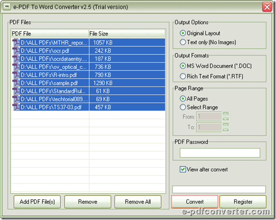 GUI interface of e-PDF to Word Converter 