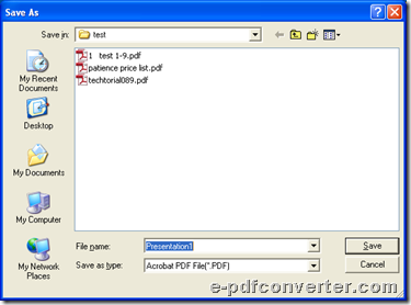 Set objective folder and click Save during conversion from PowerPoint to PDF