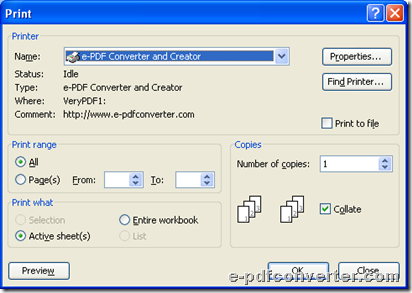 Select printer for conversion from Excel to image and click Properties during conversion from Excel to image