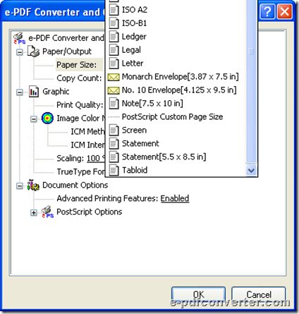 Select paper size on pop list and click OK during conversion from Word to image