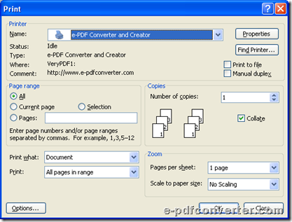 Select right printer and click Properties during conversion from Word to image with e-PDF Converter and Creator Printer