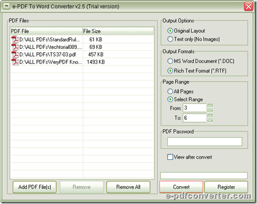 GUI interface of e-PDF to Word Converter