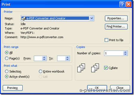 Select printer and click properties during conversion from Exce to image 