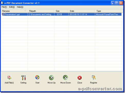GUI interface of e-PDF Document Converter for converting PPT to PDF