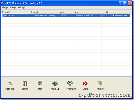 GUI interface of e-PDF Document Converter for converting XLS to PDF