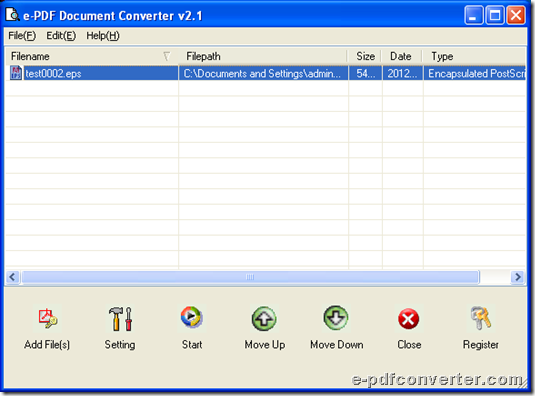 GUI interface of e-PDF Document Converter for conversion from EPS to PDF