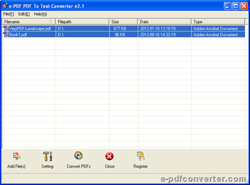 GUI interface of e-PDF to Text Converter for converting PDF to text/TXT