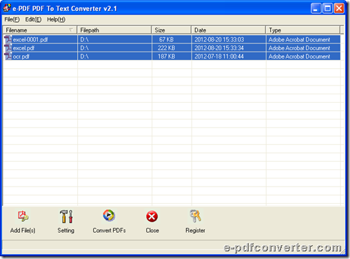 GUI interface of e-PDF to Text Converter that containing added PDF