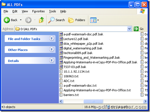 Example BAK files icons and TXT files icons after batch converting PDF to TXT