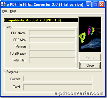 GUI interface of e-PDF to HTML Converter