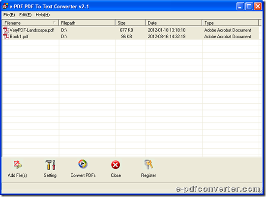 GUI interface of e-PDF to Text Converter