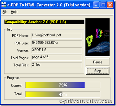 GUI interface of converting PDF files to HTML files with e-PDF to HTML Converter