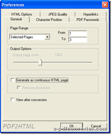 Click general and set specific pages during converting PDF file to HTML file