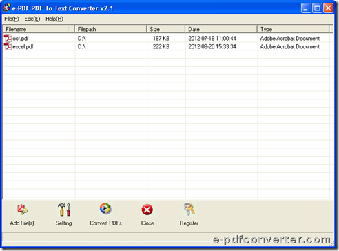 GUI interface of e-PDF to Text Converter