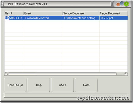 GUI interface of VeryPDF PDF Password Remover after successful process