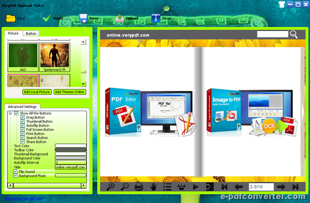 GUI interface of VeryPDF Flipbook Maker
