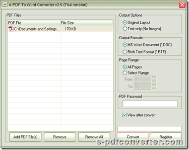 GUI interface of e-PDF to Word Converter with added PDF file