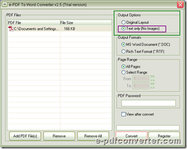 Add PDF for conversion from PDF to Word of DOC/RTF and set extraction mode of PDF