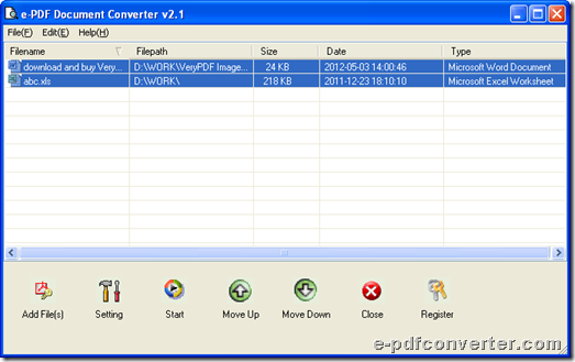 Add source files into GUI interface of e-PDF Document Converter