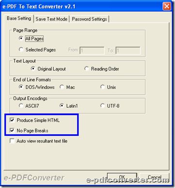Set HTML mode and no page break mode during converting PDF to HTML or PDF to text with GUI interface