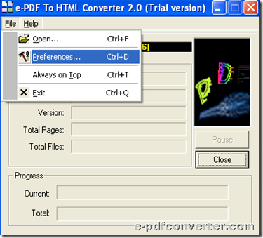 GUI interface of e-PDF to HTML Converter 