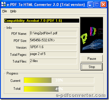 Process conversion from PDF to HTML with GUI interface of e-PDF to HTML Converter