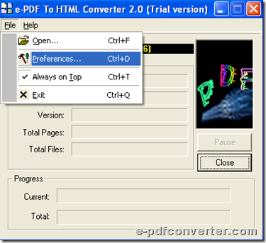 GUI interface of e-PDF to HTML Converter