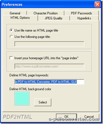 Set HTML page keywords during converting PDF to HTML with GUI interface