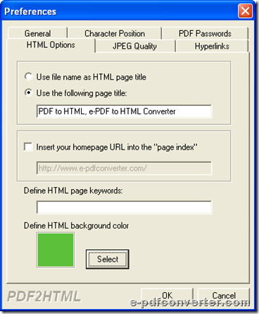 Set HTML page background and specific page title during converting PDF to HTML with GUI interface