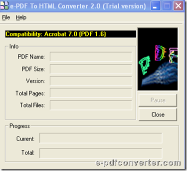 GUi interface of e-PDF to HTML Converter